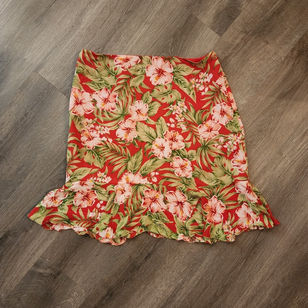 Jones NY Silk Mini Skirt 8 Red Floral Hibiscus Y2K Tropical Cruise Beachy Resort - Picture 7 of 12